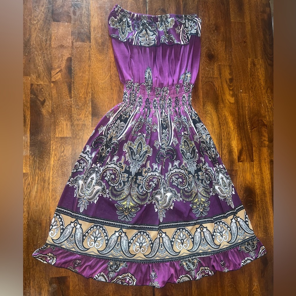 EUC Purple Paisley Strapless Dress womens sz L